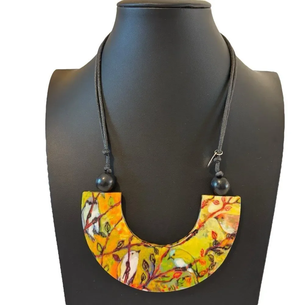 Nature Inspired Handcrafted Decoupage U-Shaped Necklace on Adjustable Cord.